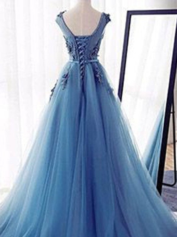 Jewel Ball Train Gown Sleeveless Sweep/Brush Applique Tulle Dresses