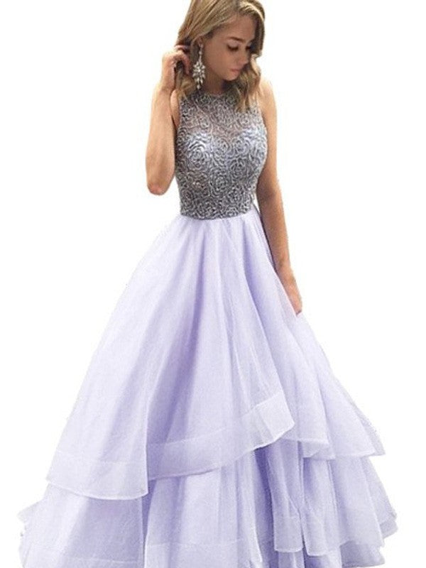 Scoop Sleeveless Ball Floor-Length Gown Beading Organza Dresses