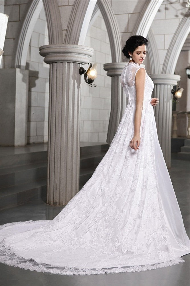 Lace Sleeveless Long A-Line/Princess Satin Wedding Dresses