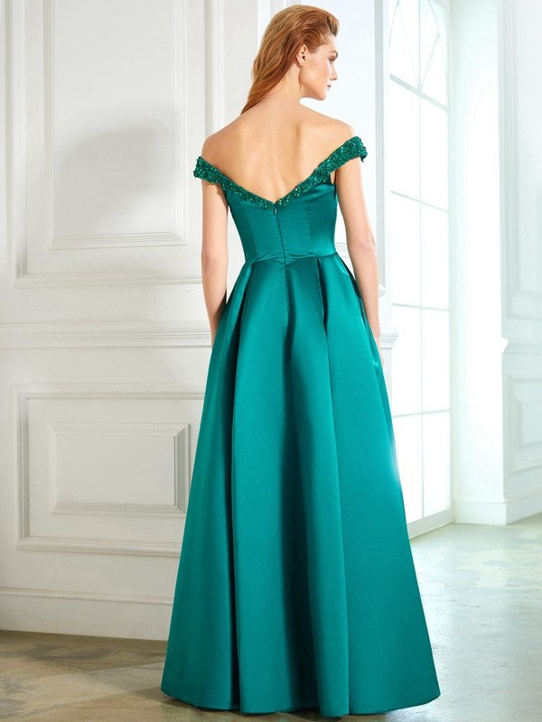 Off-the-Shoulder Sequin A-Line/Princess Sleeveless Satin Floor-Length Dresses