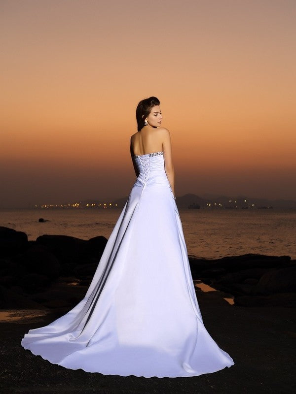 Beading Strapless Satin Long A-Line/Princess Sleeveless Beach Wedding Dresses