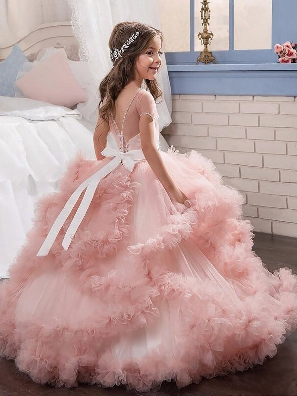 Ball Tulle Gown Short Jewel Sleeves Crystal Floor-Length Flower Girl Dresses