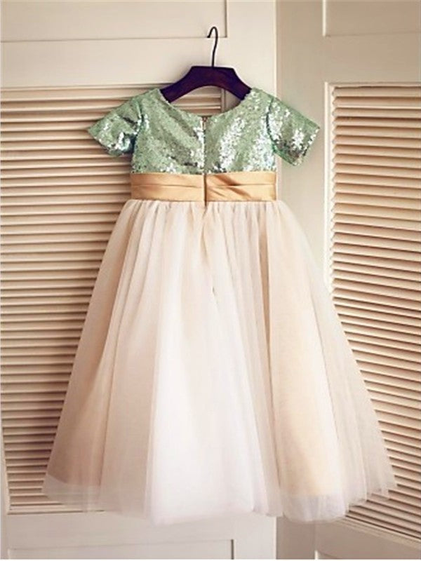 Tea-Length Sequin Sleeves Scoop Tulle Short A-line/Princess Flower Girl Dresses