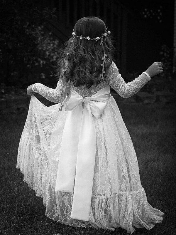 Floor-Length A-Line/Princess Sleeves Bowknot Lace Long Jewel Flower Girl Dresses