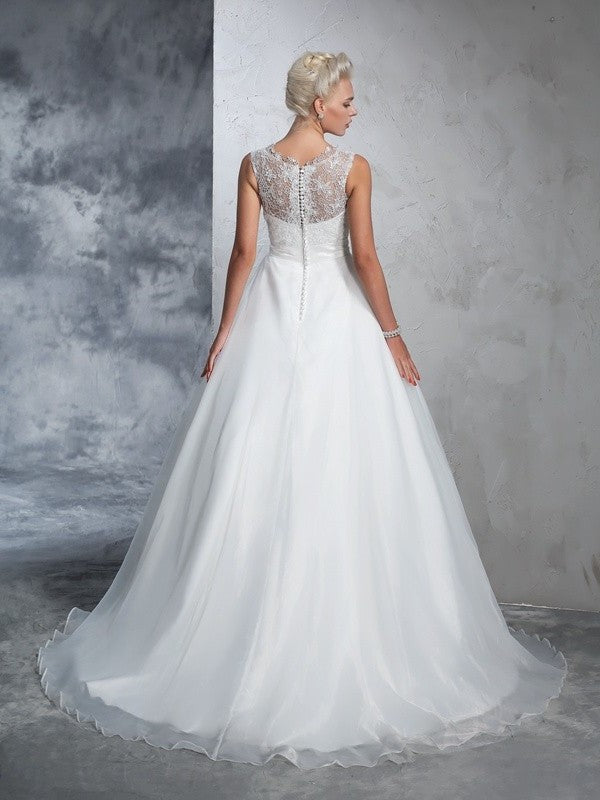 Sleeveless Ball Sheer Long Neck Lace Gown Net Wedding Dresses