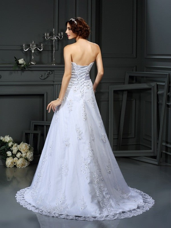 Applique Long Strapless Sleeveless A-Line/Princess Satin Wedding Dresses