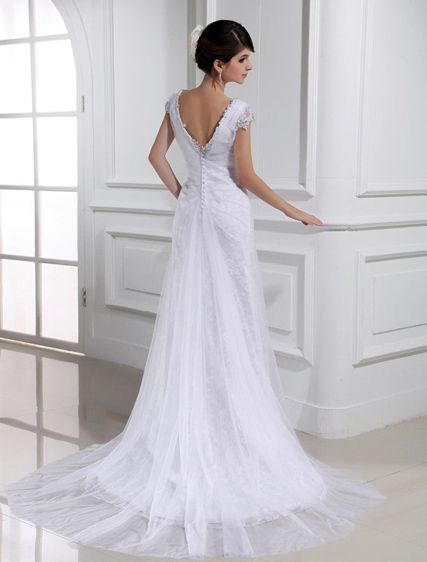 V-neck Long A-Line/Princess Beading Sleeveless Tulle Wedding Dresses