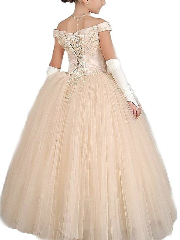 Floor-Length Sleeveless Applique Ball Gown Off-the-Shoulder Tulle Flower Girl Dresses