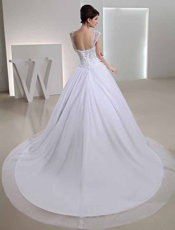 Embroidery Organza Beading Ball Long Gown Bowknot Wedding Dresses