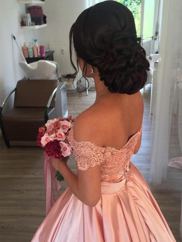 Ruffles Cathedral Sleeveless Gown Ball Off-the-Shoulder Satin Train Wedding Dresses