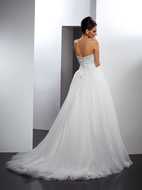Sweetheart A-Line/Princess Long Sleeveless Applique Net Wedding Dresses