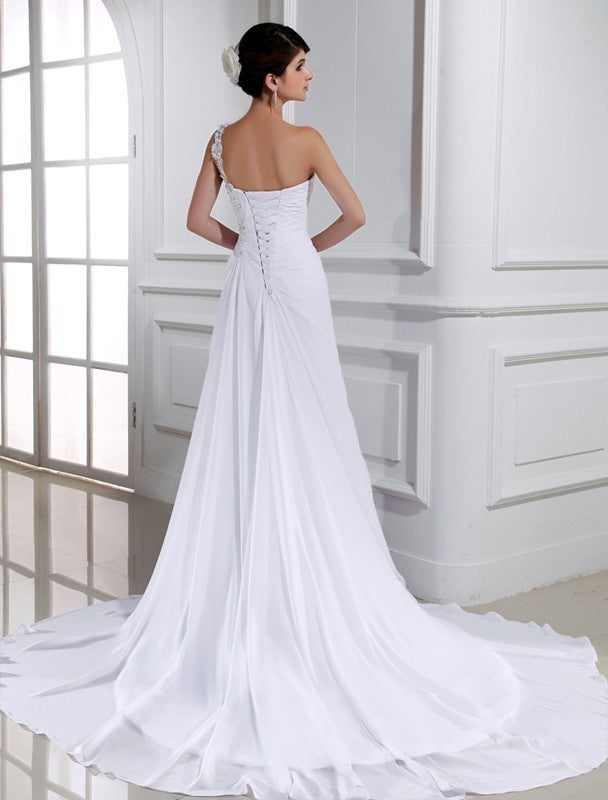 One-shoulder A-Line/Princess Sleeveless Long Beading Chiffon Wedding Dresses