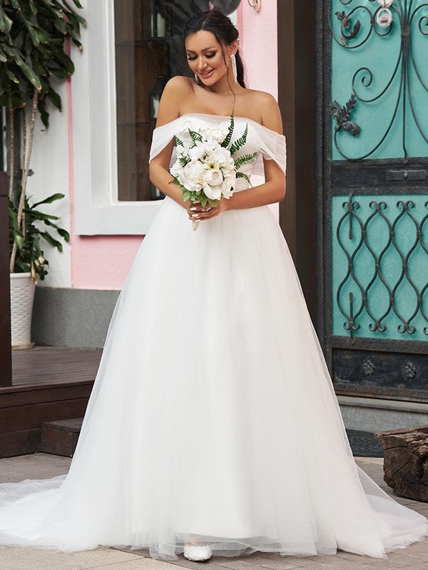 Sweep/Brush Sleeveless Off-the-Shoulder Ruffles A-Line/Princess Tulle Train Wedding Dresses