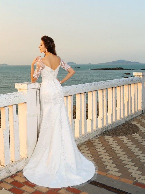Sheath/Column Sweetheart Applique Sleeves Long Short Satin Beach Wedding Dresses