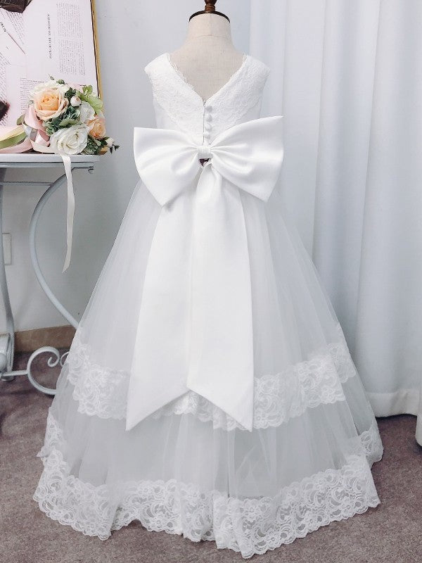 A-Line/Princess V-neck Tulle Sleeveless Lace Floor-Length Flower Girl Dresses