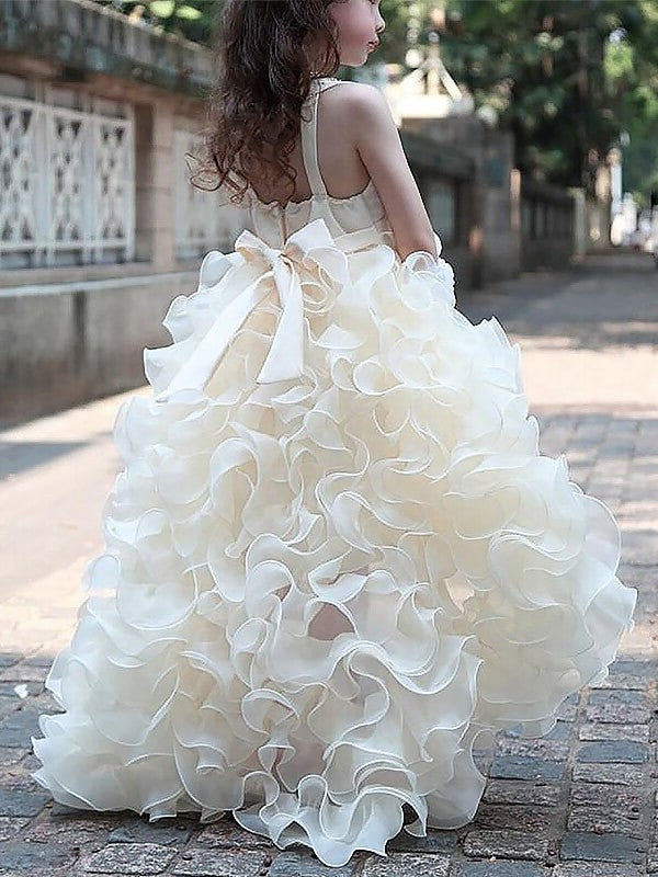 A-line/Princess Asymmetrical Ruffles Sleeveless Organza V-neck Flower Girl Dresses