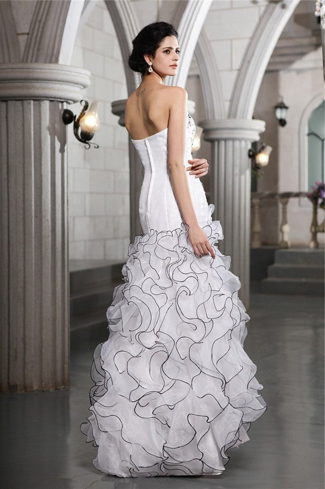 Sheath/Column Long Beading Sleeveless Strapless Organza Wedding Dresses