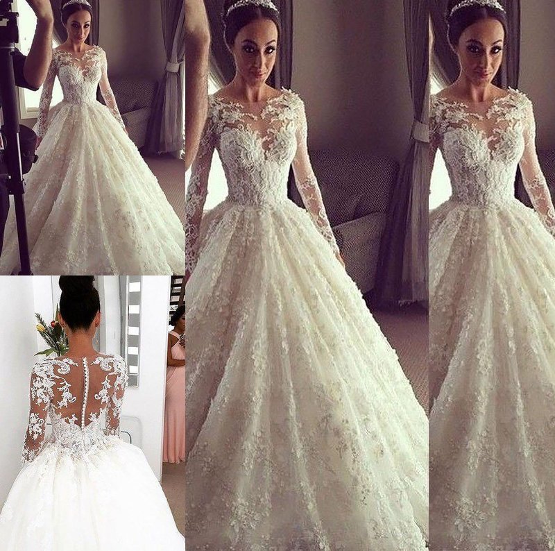 Train Ball Scoop Long Court Gown Sleeves Lace Wedding Dresses