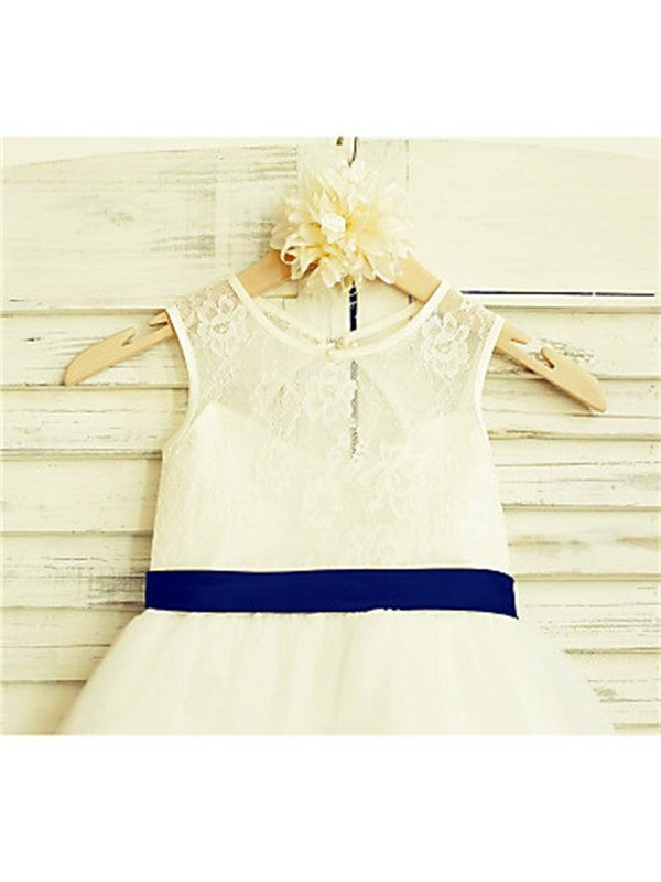Bowknot Tulle Tea-Length Sleeveless A-line/Princess Scoop Flower Girl Dresses