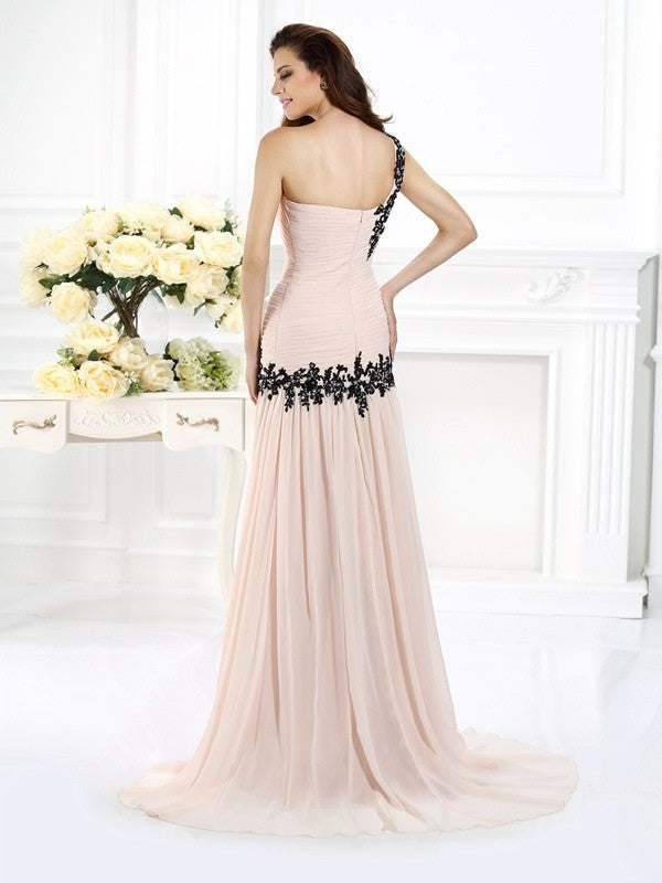 Beading Sleeveless Applique A-Line/Princess One-Shoulder Long Chiffon Dresses