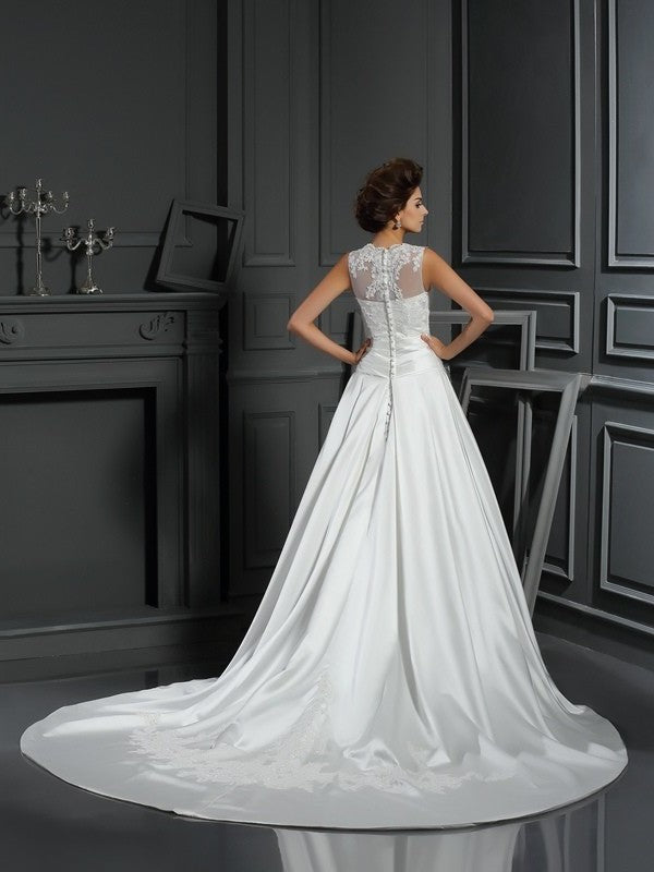 High Applique A-Line/Princess Long Neck Sleeveless Satin Wedding Dresses