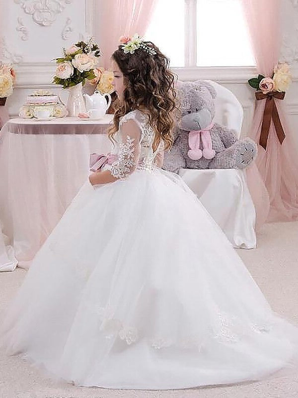 Lace Sleeves Gown 1/2 Jewel Floor-Length Ball Tulle Flower Girl Dresses
