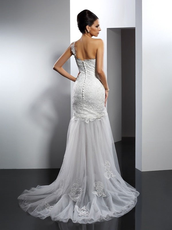 Sleeveless Long One-Shoulder Lace Trumpet/Mermaid Lace Wedding Dresses