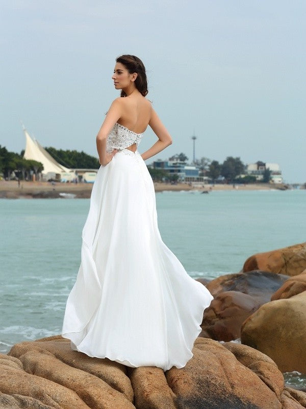 Sweetheart Long A-Line/Princess Chiffon Beading Sleeveless Beach Wedding Dresses