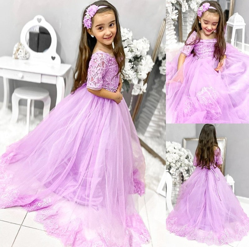 Sleeves Ball Sweep/Brush Gown Tulle Lace Train Off-the-Shoulder 1/2 Flower Girl Dresses