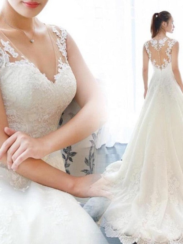 A-Line/Princess Court Train Sleeveless Applique V-neck Lace Wedding Dresses