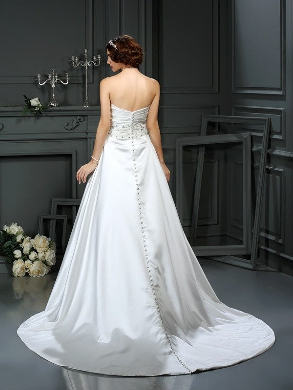 A-Line/Princess Beading Strapless Sleeveless Long Satin Wedding Dresses