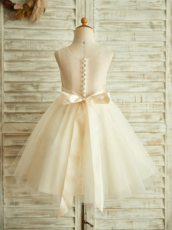 A-Line/Princess Sleeveless Tulle Lace Tea-Length Scoop Flower Girl Dresses