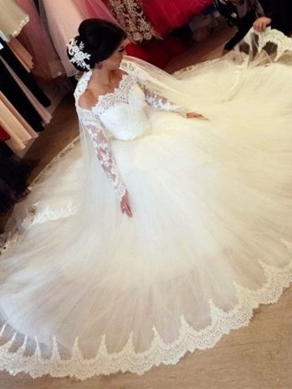 Off-the-Shoulder Long Sleeves Sweep/Brush Applique Gown Tulle Ball Train Wedding Dresses