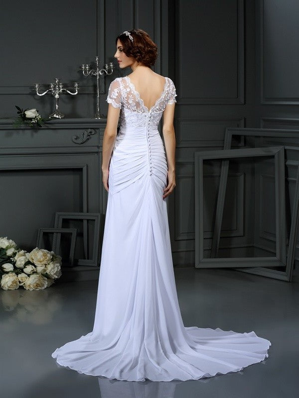V-neck Lace Long Sheath/Column Short Sleeves Chiffon Wedding Dresses