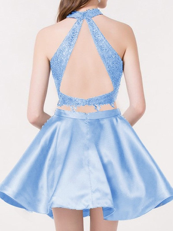 Lace Short/Mini Halter Satin Sleeveless A-Line/Princess Two Piece Dresses
