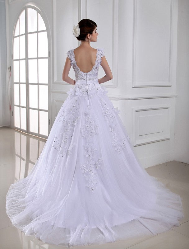 Long Tulle Strapless Gown Ball Satin Beading Sleeveless Wedding Dresses