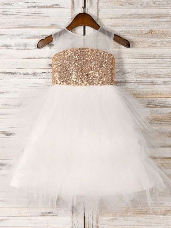 Scoop Paillette Sleeveless Tea-Length Tulle A-Line/Princess Flower Girl Dresses