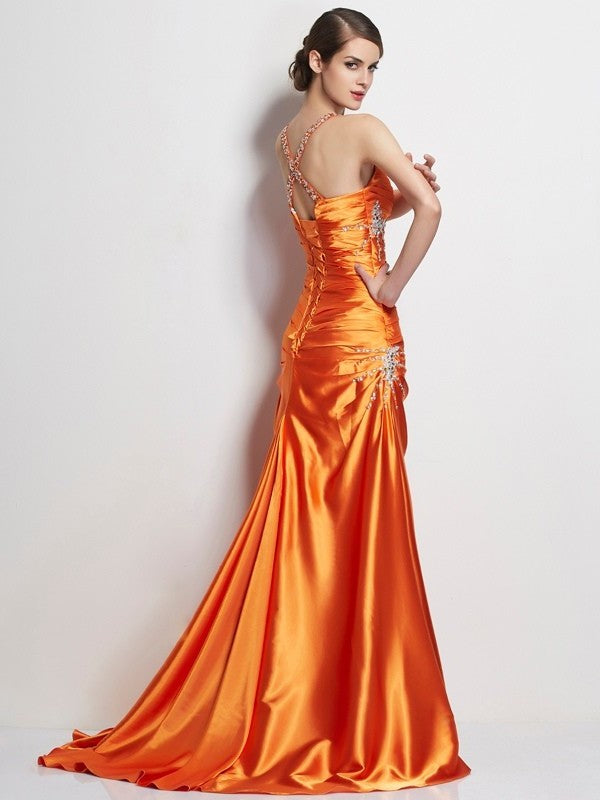 Spaghetti Straps Beading Elastic A-Line/Princess Long Sleeveless Woven Satin Dresses