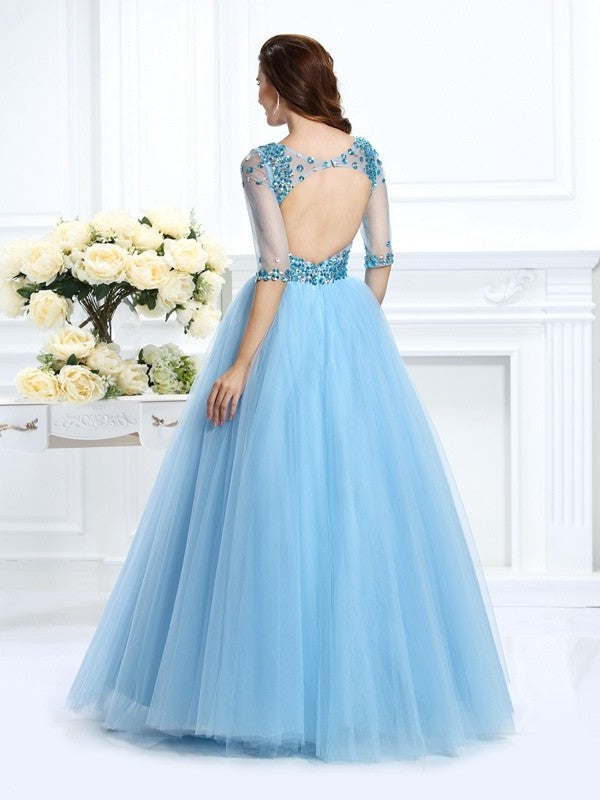 Gown Beading Long V-neck Ball 1/2 Sleeves Satin Quinceanera Dresses