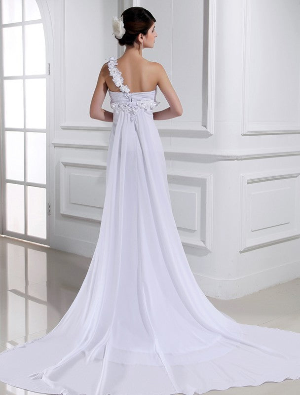 One-shoulder Sleeveless Beading Flower Hand-made A-Line/Princess Chiffon Wedding Dresses
