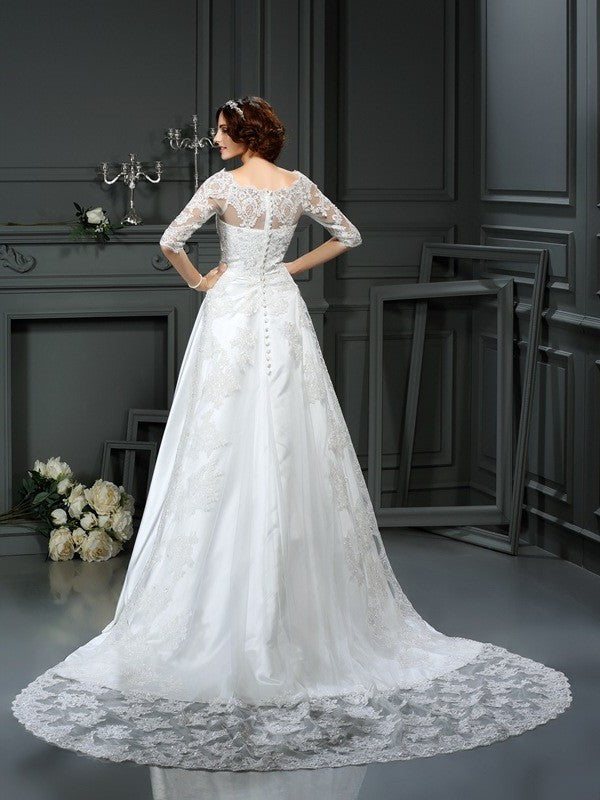 A-Line/Princess Bateau Sleeves Long 1/2 Lace Satin Wedding Dresses