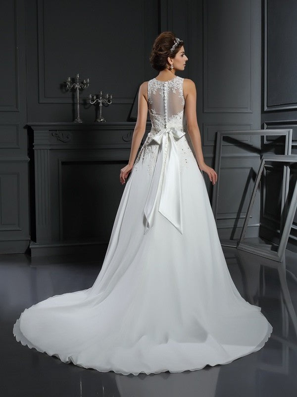 Neck Long Sleeveless High Beading A-Line/Princess Satin Wedding Dresses