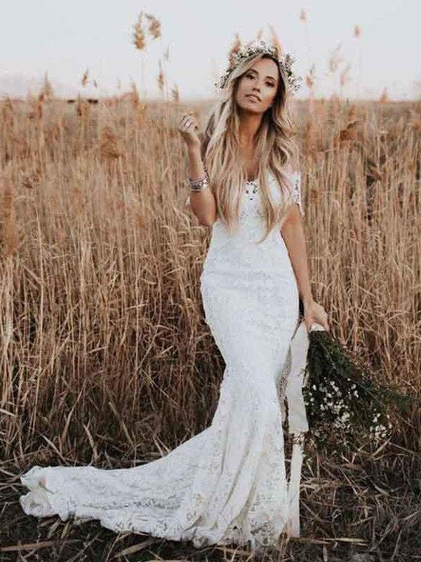 Off-the-Shoulder Trumpet/Mermaid Applique Short Sleeves Lace Court Train Wedding Dresses