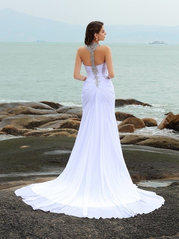 Beading Long Straps Sleeveless Chiffon Sheath/Column Beach Wedding Dresses