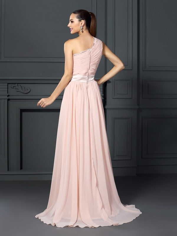 One-Shoulder Sleeveless Ruffles A-Line/Princess Long Chiffon Dresses