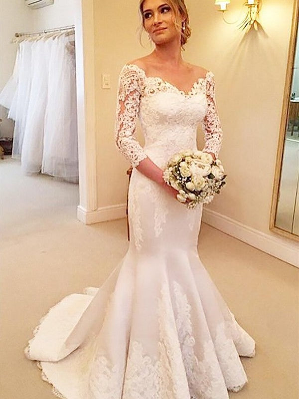Trumpet/Mermaid Lace Satin Off-the-Shoulder 3/4 Court Sleeves Train Wedding Dresses