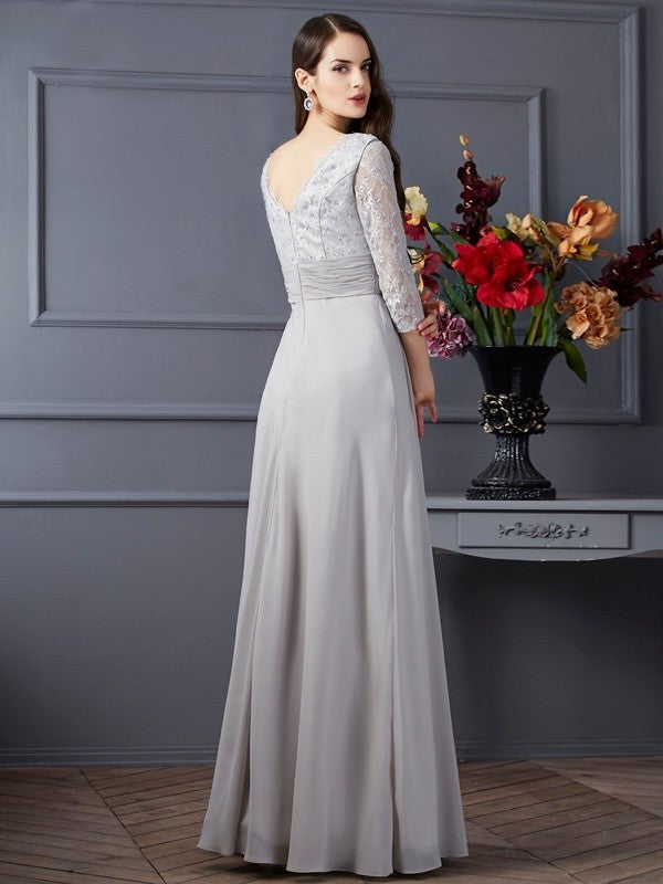 3/4 V-neck of Mother Long Applique Sleeves Chiffon A-Line/Princess the Bride Dresses