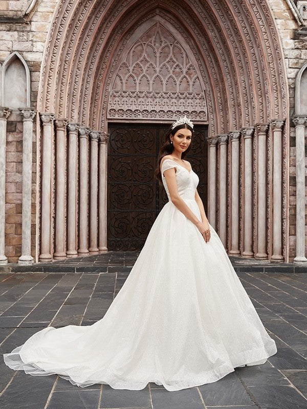 Sleeveless Ball Off-the-Shoulder Tulle Ruched Gown Court Train Wedding Dresses