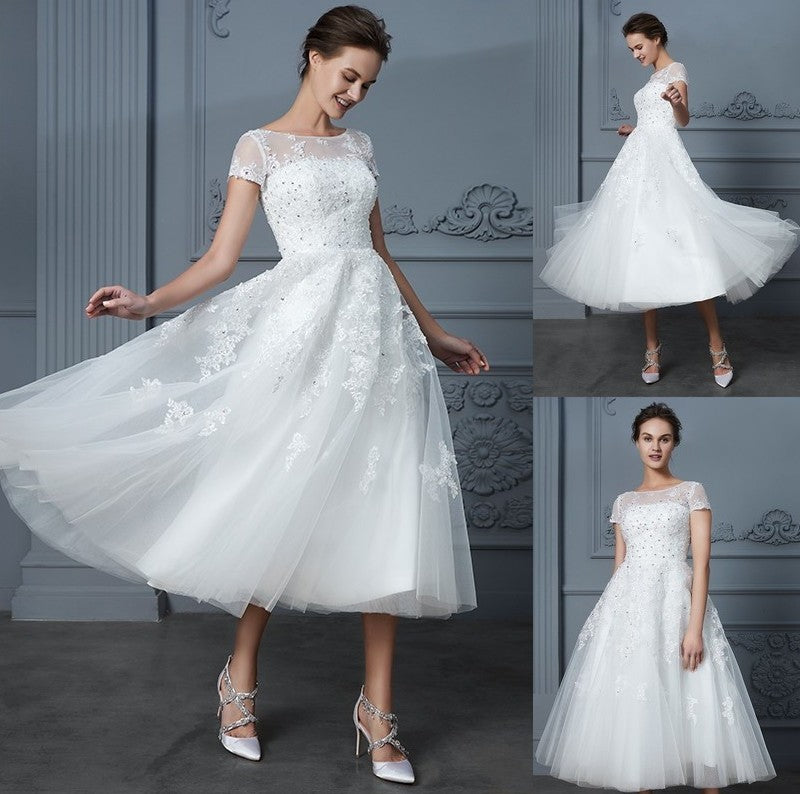 Tea-Length Scoop Short A-Line/Princess Sleeves Beading Tulle Wedding Dresses