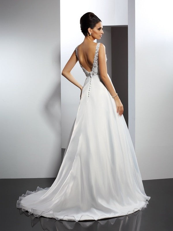 Sleeveless Scoop Ruffles A-Line/Princess Long Satin Wedding Dresses